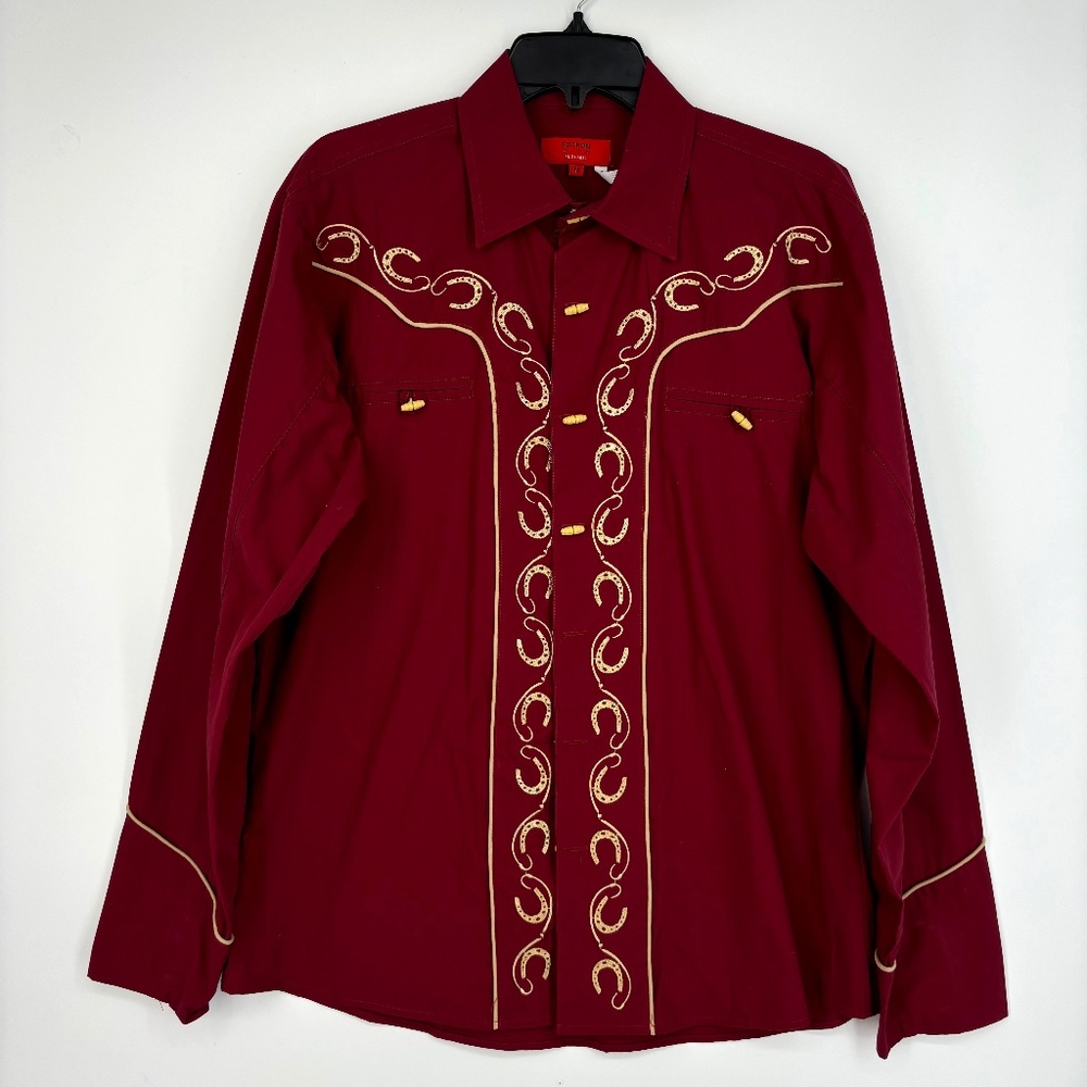 Patron Cito Red Label Mens Medium Button Front Shirt Red Horse Shoe Embroidered
